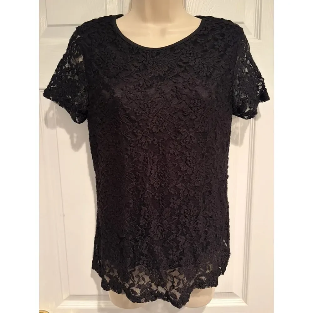 NWT Carmen Marc Valvo Black Lace Top Medium Sheer Floral Cocktail Party Chic - Picture 2 of 11